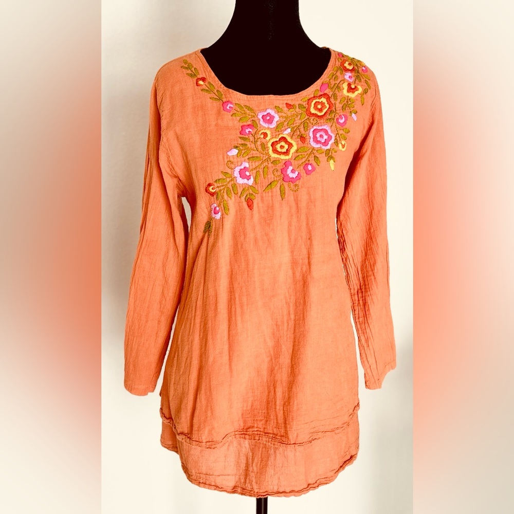 Boho Floral Embroidered 100% Cotton Top XL Terracotta Fairycore 40" Bust J1264